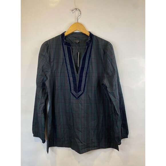 J. Crew Velvet Trimmed V Neck Tunic Black Watch Tartan Plaid Size Large New - Picture 2 of 8
